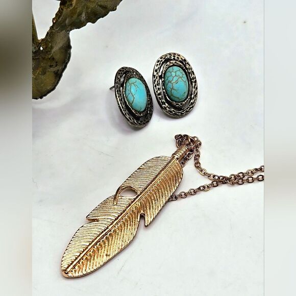Unbranded Jewelry - "5/$25" Southwestern  Goldtone Feather Necklace/ Faux Turquoise Stud Earrings
